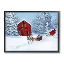 Red Barn with Reindeer Framed Art Print