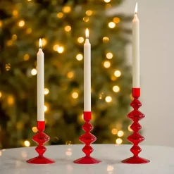 Red Glass Bubble Taper Candle Holders, Set of 3
