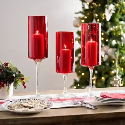 Red Glass Stemmed Hurricanes, Set of 3