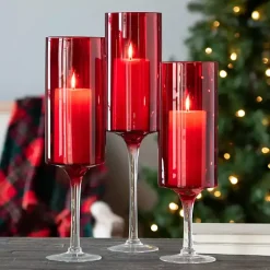 Red Glass Stemmed Hurricanes, Set of 3