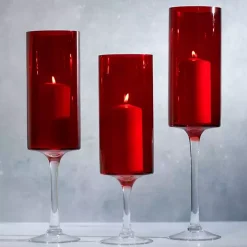Red Glass Stemmed Hurricanes, Set of 3