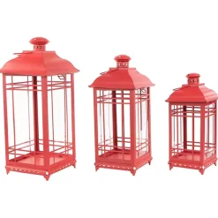 Red Metal and Glass Decorative Lanterns, Set of 3