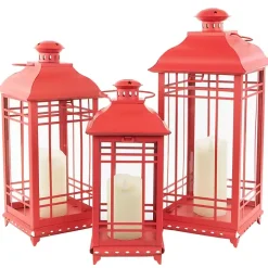 Red Metal and Glass Decorative Lanterns, Set of 3