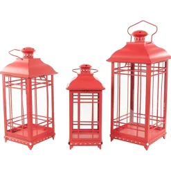 Red Metal and Glass Decorative Lanterns, Set of 3