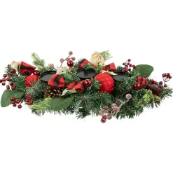 Red Plaid Ornaments and Pine Candle Centerpiece