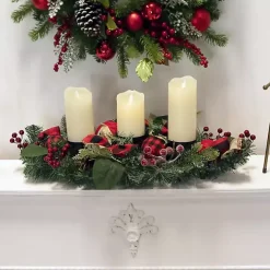 Red Plaid Ornaments and Pine Candle Centerpiece