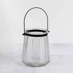 Ribbed Glass Lantern with Metal Handle, 6 in.