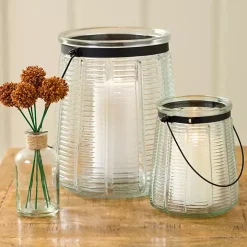 Ribbed Glass Lantern with Metal Handle, 6 in.