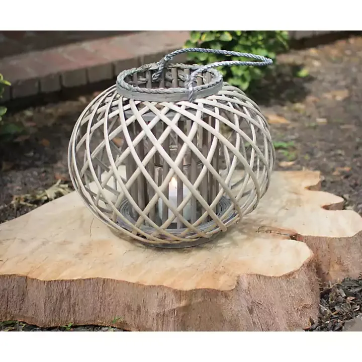 Round Gray Willow Lantern with Glass Pillar
