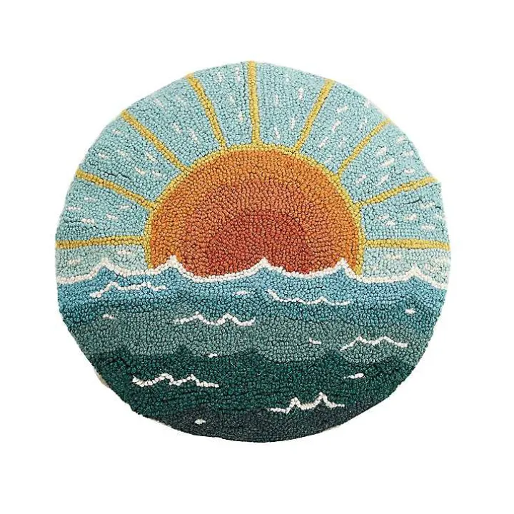 Round Sun Seascape Hooked Wool Pillow