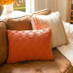 Rust Knit Checkerboard Lumbar Pillow