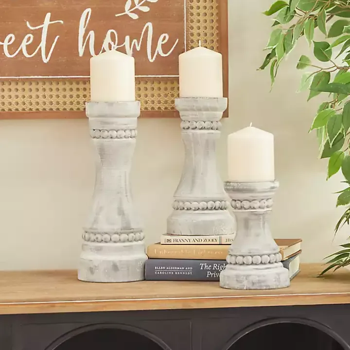 Rustic Gray Carved 3-pc. Candle Holder Set