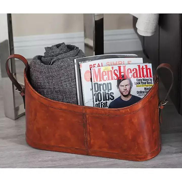Rustic Leather Magazine Basket