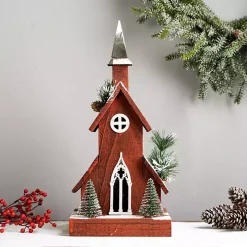 Rustic Red Christmastime Church Statue, 19 in.
