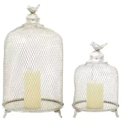 Silver Metal Bird Cage Cloche Lanterns, Set of 2