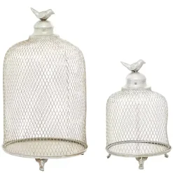 Silver Metal Bird Cage Cloche Lanterns, Set of 2