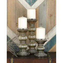 Smoke Gray Glass Pillar Candle Holders, Set of 3