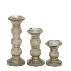 Smoke Gray Glass Pillar Candle Holders, Set of 3