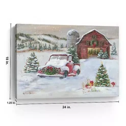 Snowy Farm with Truck Christmas Canvas Art Print