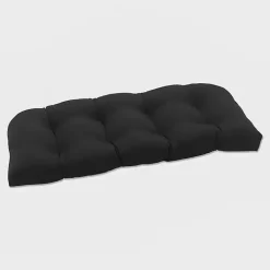 Solid Black Tufted Outdoor Settee Cushion