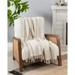 Stripes and Fringe Cream Throw Blanket