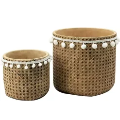 Tall Woven Cement Baskets with Pom Poms, Set of 2