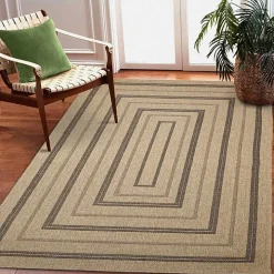 Tan and Black Framed Indoor/Outdoor Area Rug, 5x7