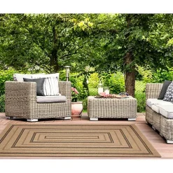 Tan and Black Framed Indoor/Outdoor Area Rug, 7X9