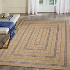 Tan and Navy Framed Indoor/Outdoor Area Rug, 7x9