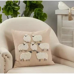 Tan Embroidered Sheep Accent Pillow