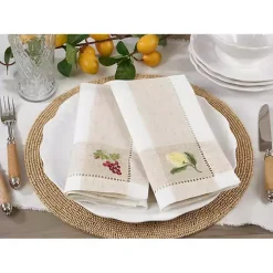 Tan Hemstitch Embroidered Lemon Napkins, Set of 4