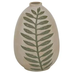 Tan Raised Green Fern Ceramic Vase, 10 in.