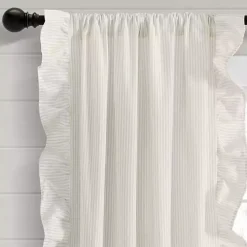 Tan Stripe Ruffled Curtain Panel Set, 84 in.