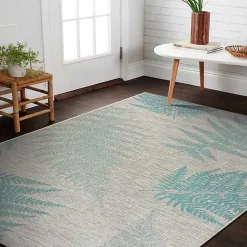 Teal and Tan Falling Ferns Outdoor Area Rug, 5x7