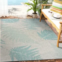 Teal and Tan Falling Ferns Outdoor Area Rug, 5x7