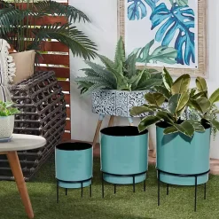 Teal Metal Round Planters with Stands, Set of 3
