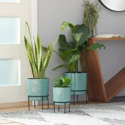 Teal Metal Round Planters with Stands, Set of 3