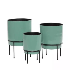 Teal Metal Round Planters with Stands, Set of 3