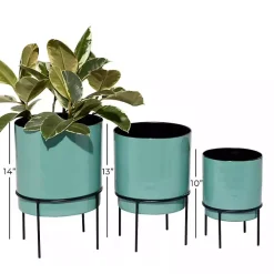 Teal Metal Round Planters with Stands, Set of 3
