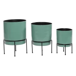 Teal Metal Round Planters with Stands, Set of 3