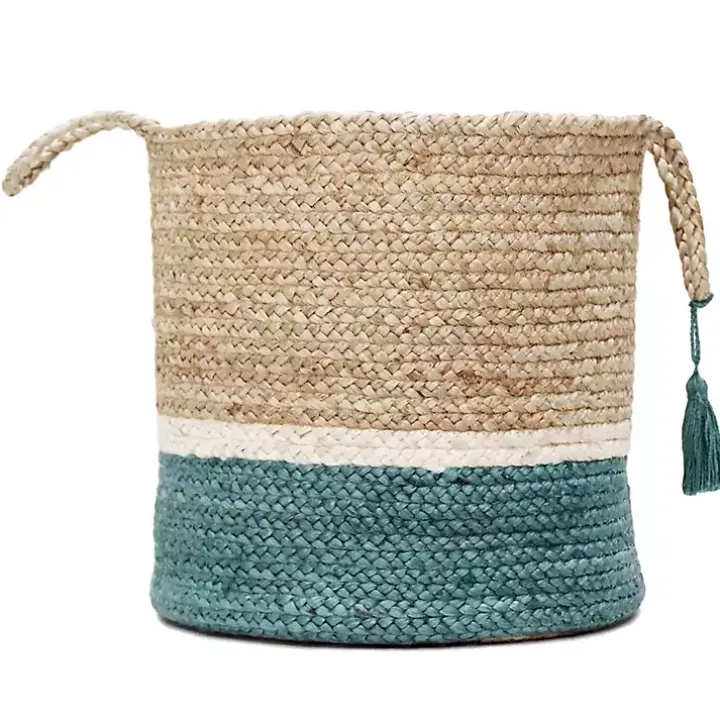 Teal Off White Woven Basket with Tassel, 17 in.