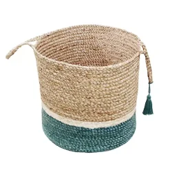 Teal Off White Woven Basket with Tassel, 17 in.