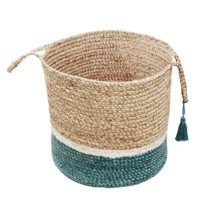 Teal Off White Woven Basket with Tassel, 17 in.