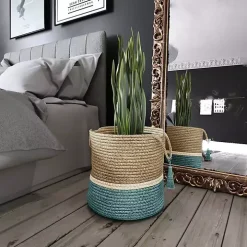 Teal Off White Woven Basket with Tassel, 17 in.