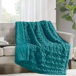 Teal Ruched Faux Fur Throw