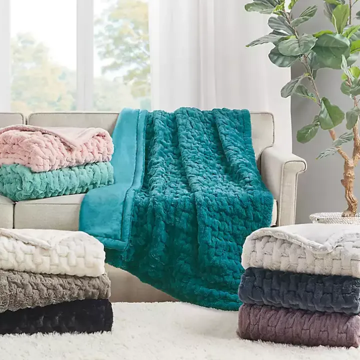 Teal Ruched Faux Fur Throw