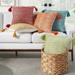 Turquoise Knotted Tassel Outdoor Throw Pillow