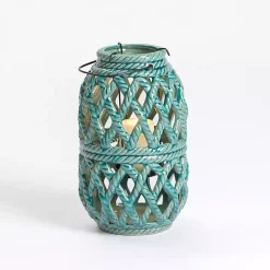 Turquoise Woven Stoneware Coastal Lantern, 10 in.
