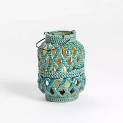Turquoise Woven Stoneware Coastal Lantern, 8 in.