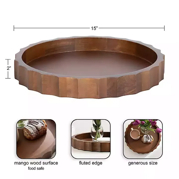 Walnut Brown Fluted Lissi Round Serving Tray